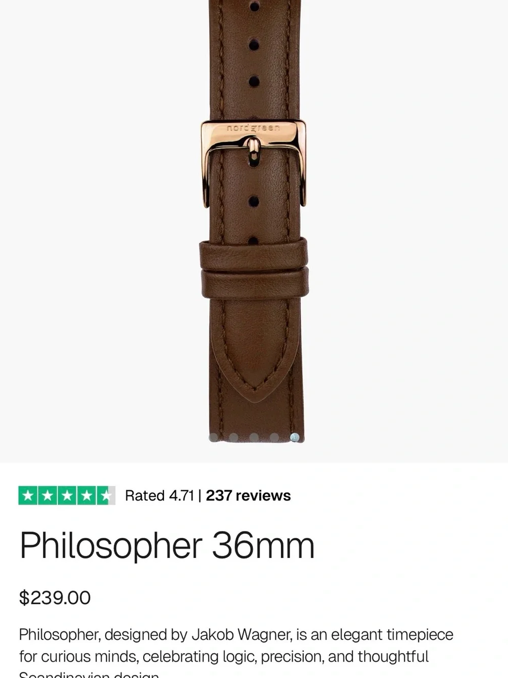Nordgreen 36mm Rose Gold Case with Brown Leather Strap